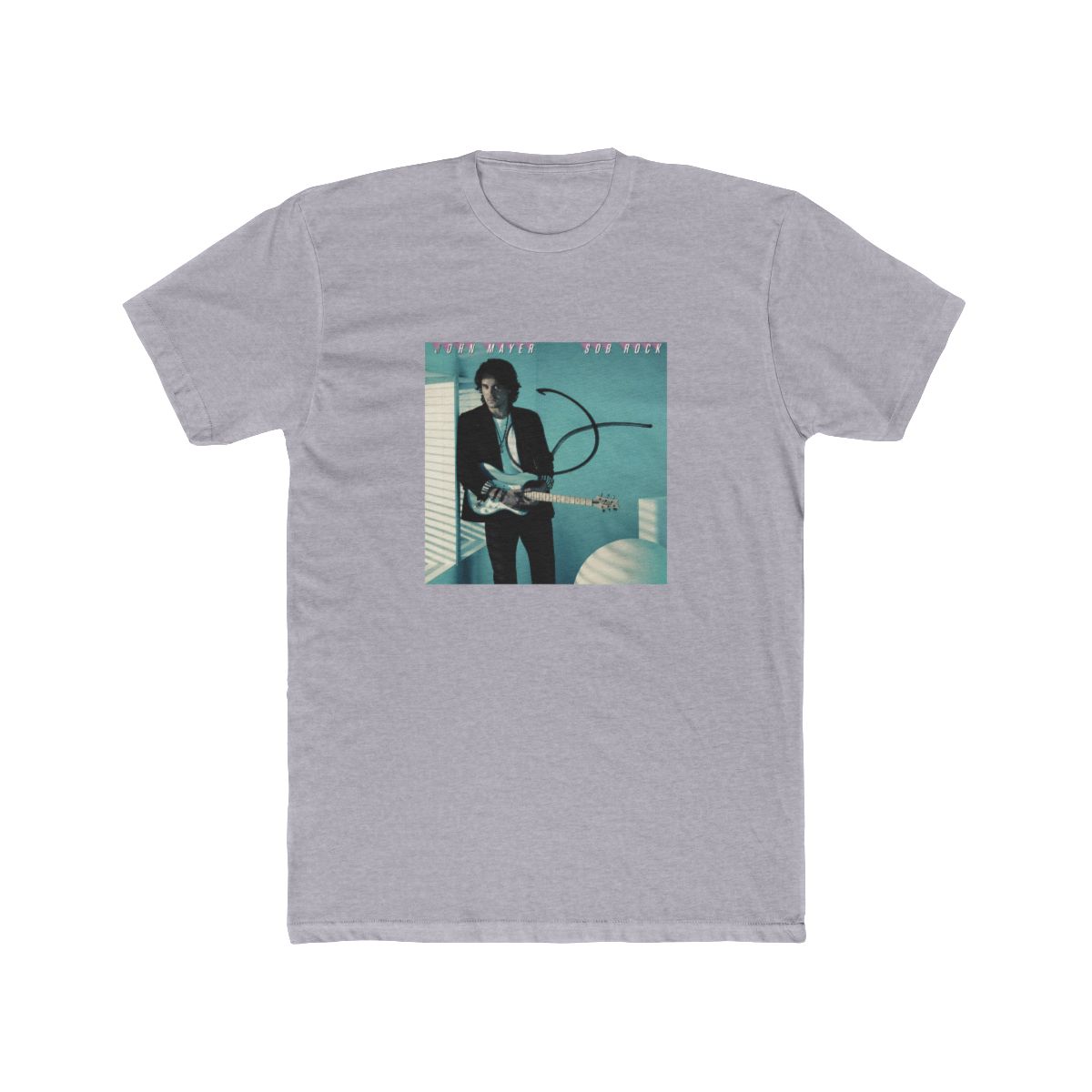 A man with dark hair is playing a blue electric guitar. He is wearing a black jacket, a white T Shirt, and black trousers. The background is a light blue colour with a black squiggle design. The album... - alternate angle 5, merchandise