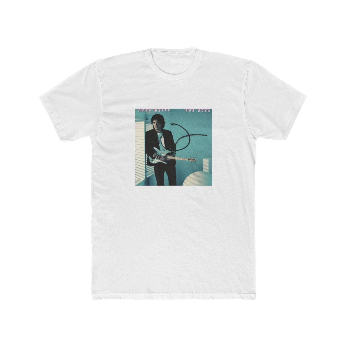 A man with dark hair is playing a blue electric guitar. He is wearing a black jacket, a white T Shirt, and black trousers. The background is a light blue colour with a black squiggle design. The album...